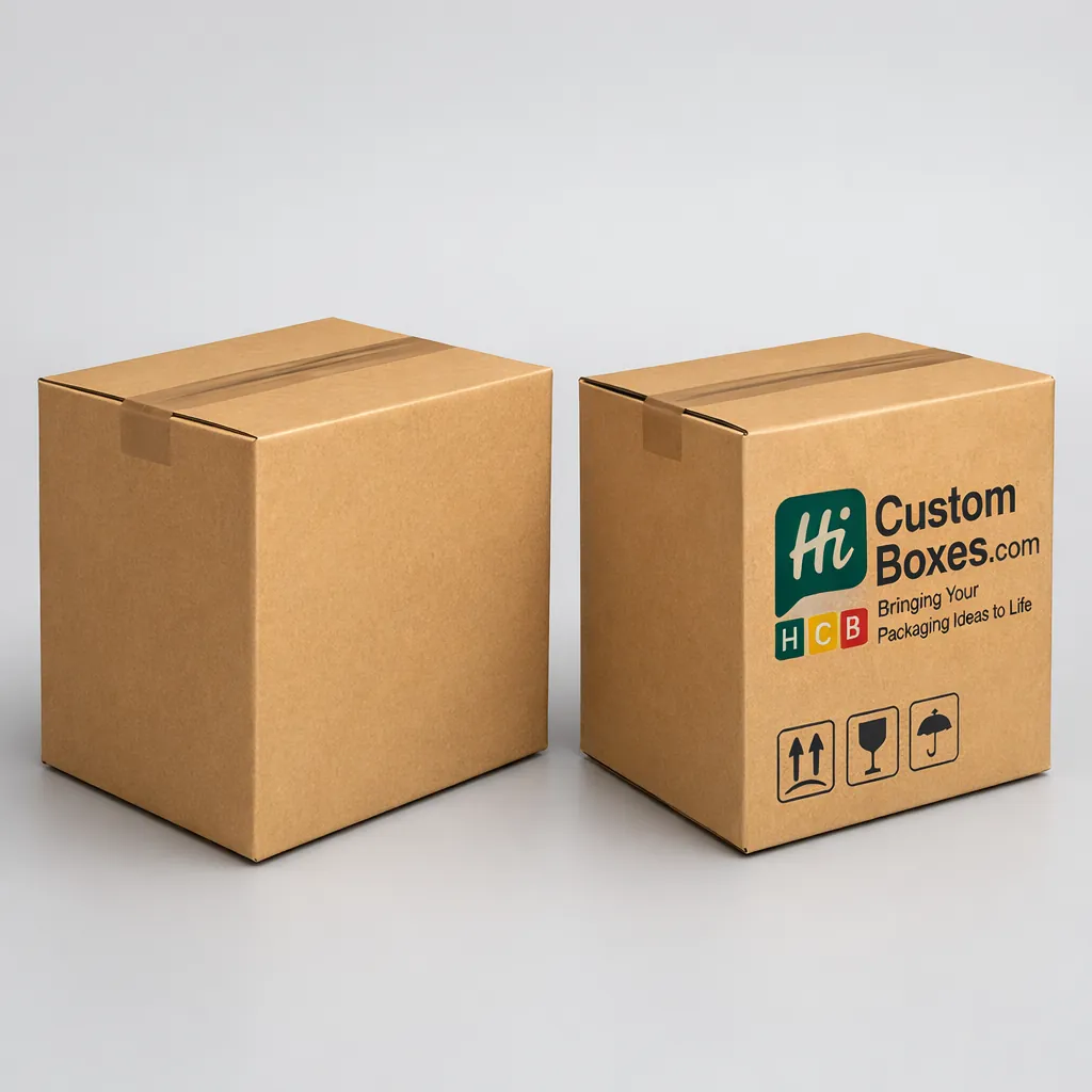 Two sealed brown corrugated cardboard shipping boxes, one plain and one featuring custom printed branding. class=